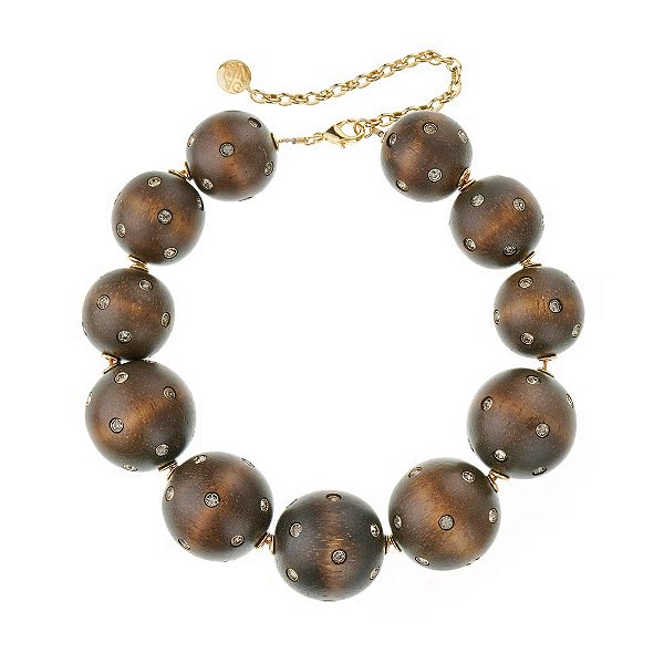 Colar Nádia Gimenes esfera madeira strass ouro semijoia