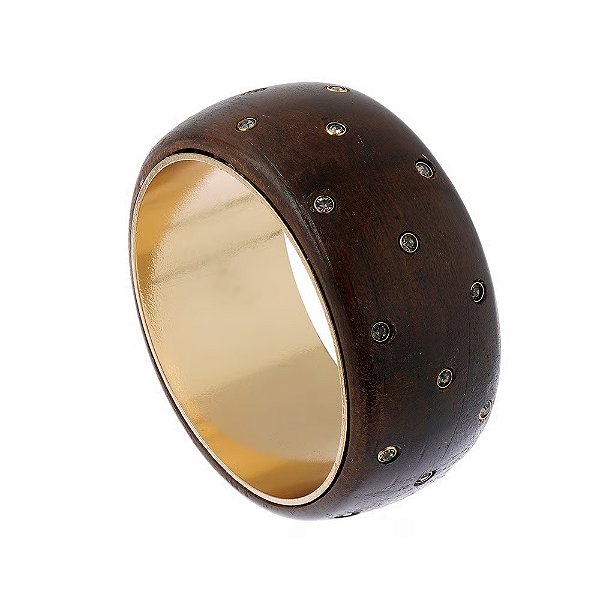 Bracelete Nádia Gimenes largo madeira strass ouro semijoia