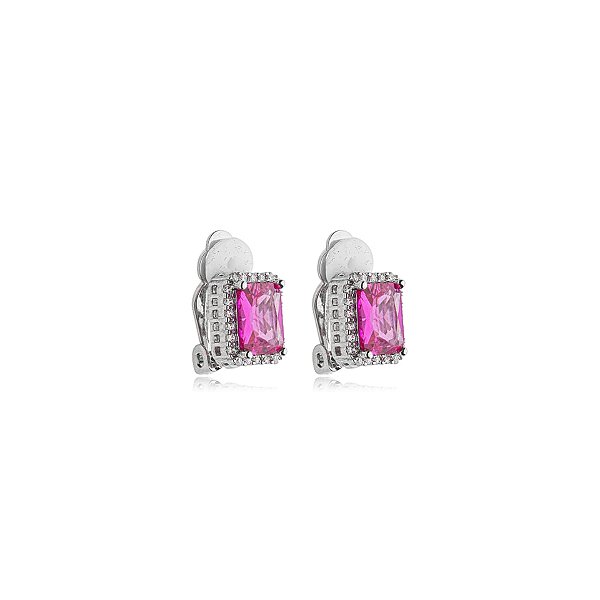 Brinco pressão retangular cristal pink ródio semijoia