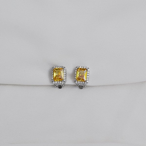 Brinco pressão retangular cristal amarelo ródio semijoia