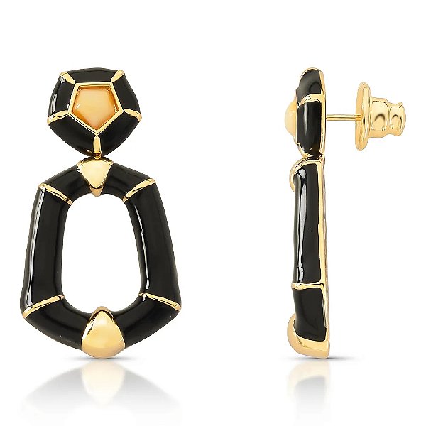 Brinco esmaltado preto ouro semijoia