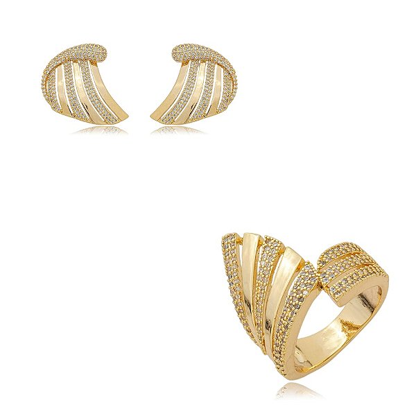 Conjunto brinco e anel zircônia ouro semijoia