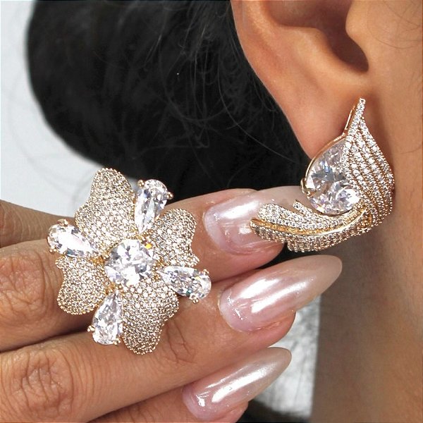 Conjunto brinco e anel flor zircônia ouro semijoia