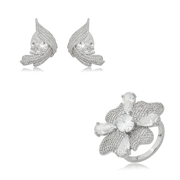 Conjunto brinco e anel flor zircônia ródio semijoia