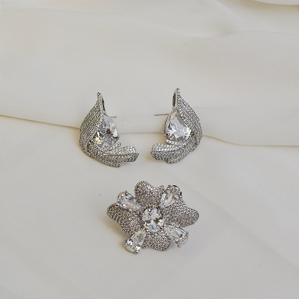 Conjunto brinco e anel flor zircônia ródio semijoia