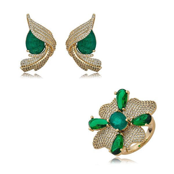 Conjunto brinco e anel flor zircônia verde ouro semijoia