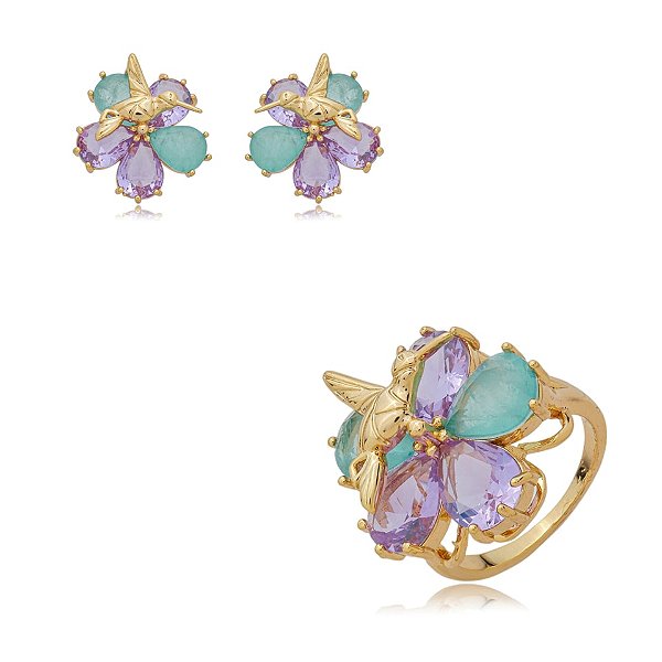 Conjunto brinco e anel beija-flor cristais lilás e azul ouro semijoia