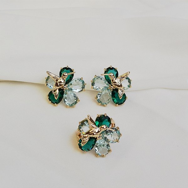 Conjunto brinco e anel beija-flor cristais verde e azul ouro semijoia