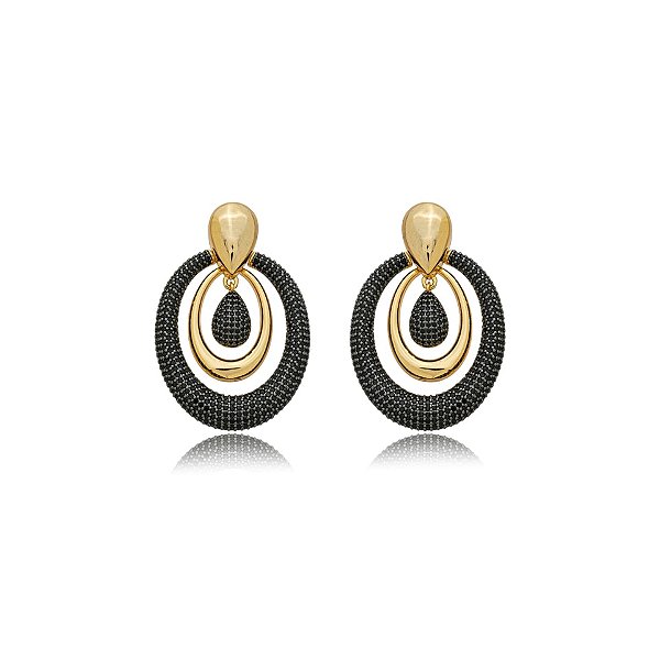 Brinco oval zircônia preta ouro semijoia