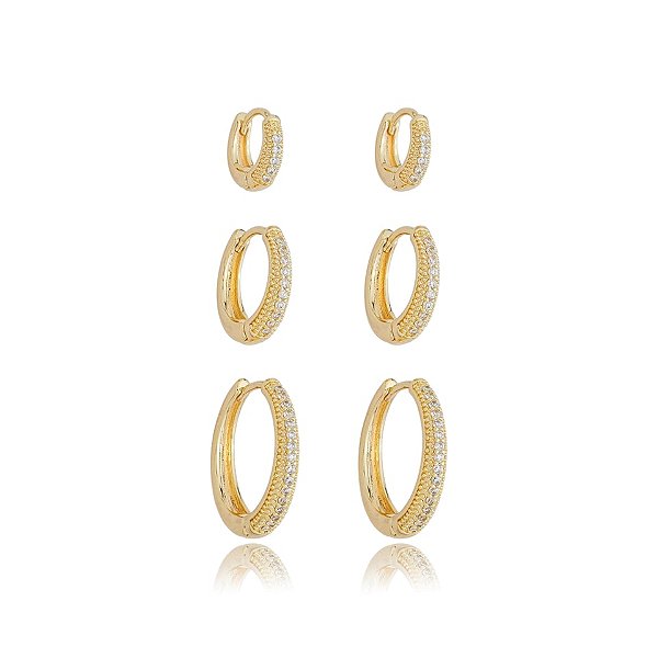 Kit 3 brincos argolinhas zircônia ouro semijoia 25k02013