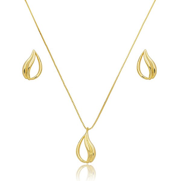 Colar e brinco gota curvada ouro semijoia