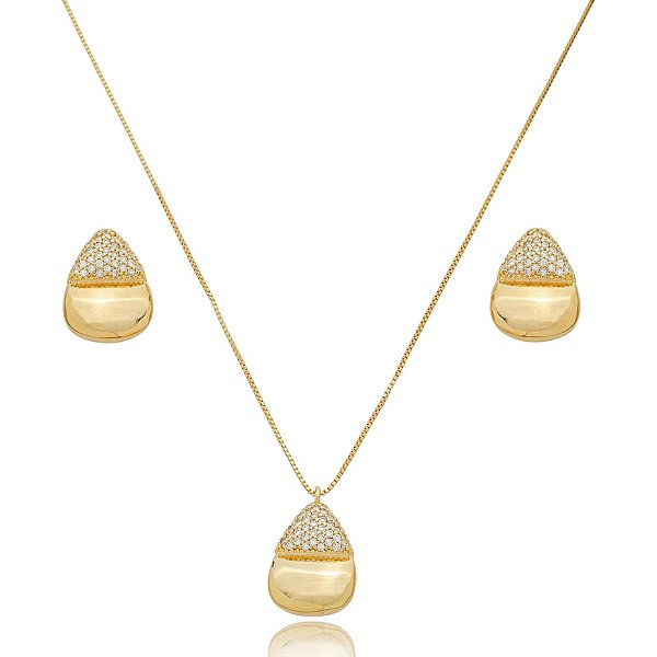 Colar e brinco gota curvada zircônia ouro semijoia