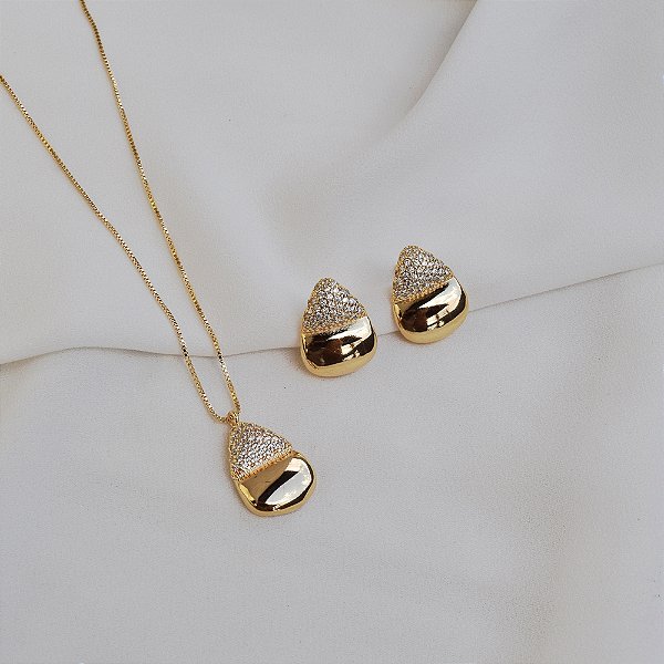 Colar e brinco gota curvada zircônia ouro semijoia