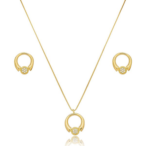 Colar e brinco redondo zircônia ouro semijoia