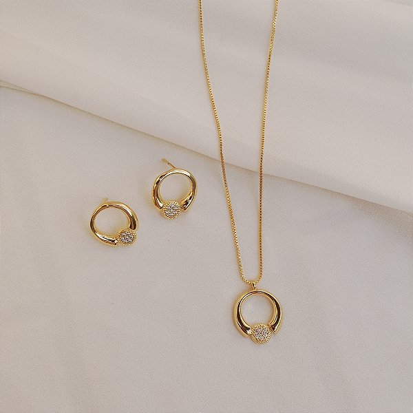 Colar e brinco redondo zircônia ouro semijoia