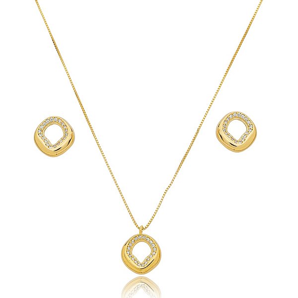 Colar e brinco orgânico zircônia ouro semijoia