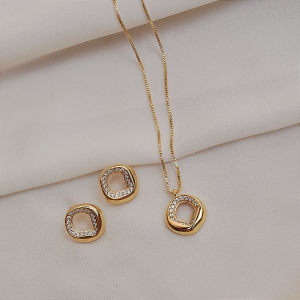 Colar e brinco orgânico zircônia ouro semijoia