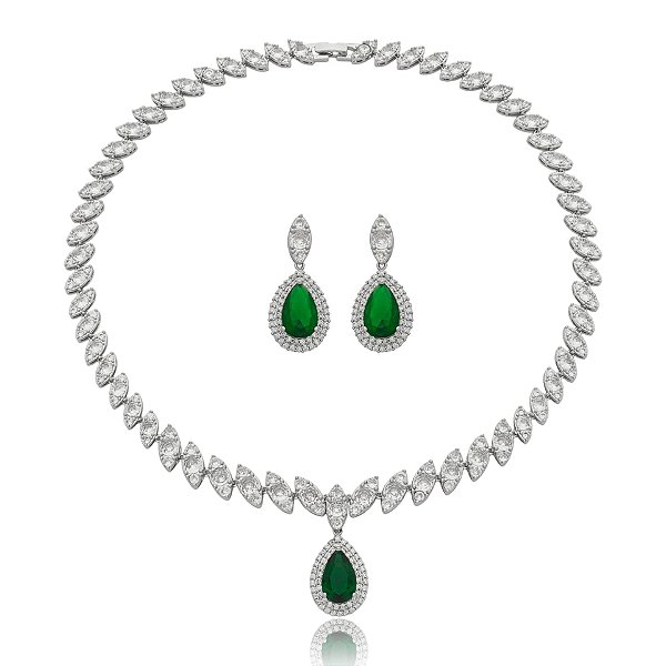 Colar e brinco gota zircônia esmeralda ródio semijoia LY-29022
