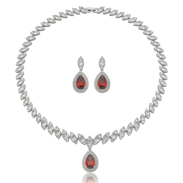 Colar e brinco gota zircônia rubi ródio semijoia LY-29022