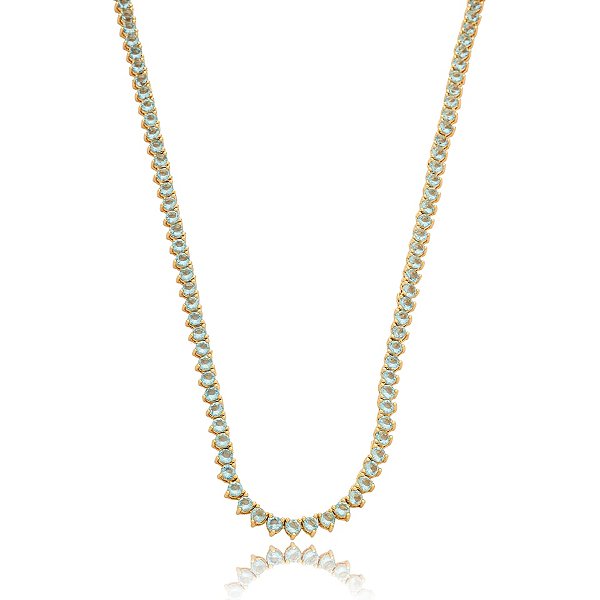 Colar curto cristais azul claro ouro semijoia QC-80031