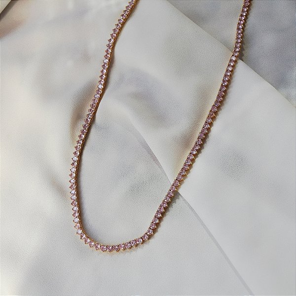Colar curto cristais rosa ouro semijoia QC-80031