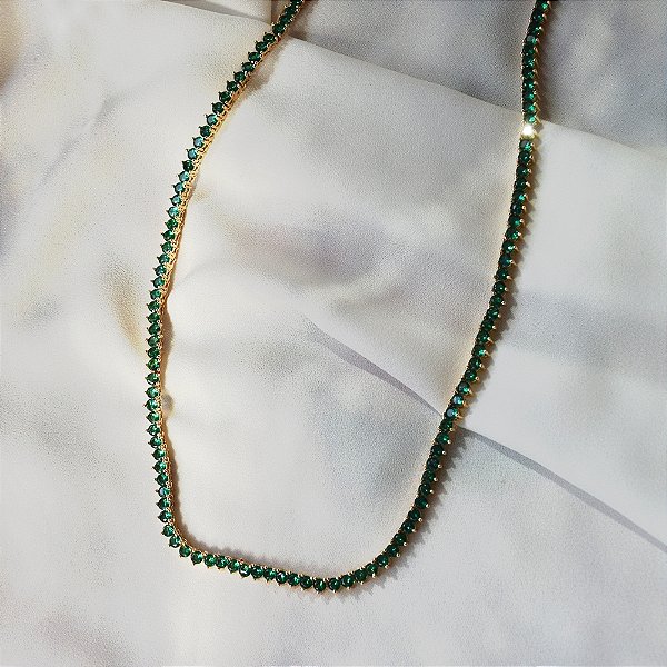 Colar curto cristais verde ouro semijoia XL-250401