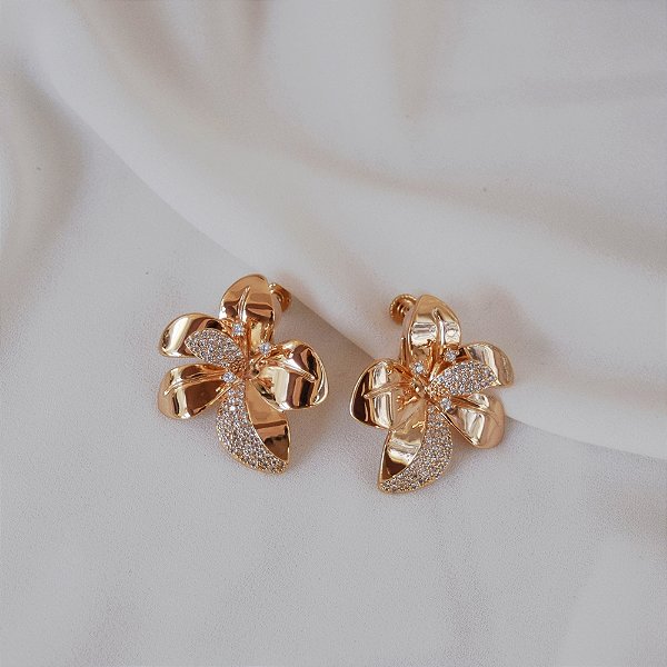 Brinco pressão rosca orquídea zircônia ouro semijoia YJ0003