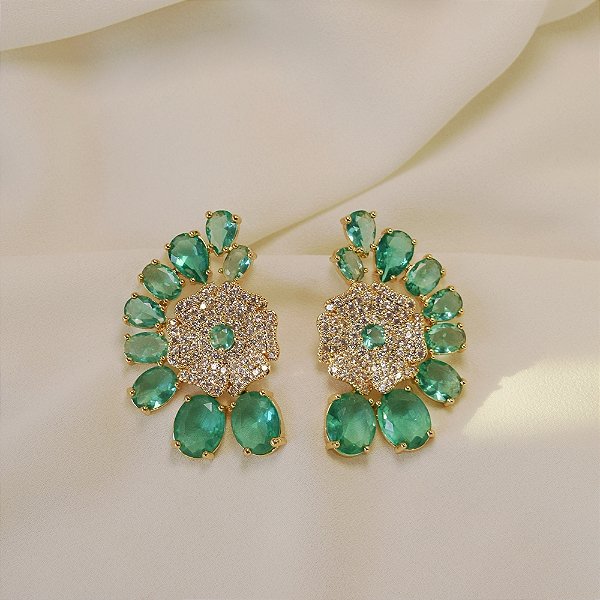 Brinco flor zircônia turmalina ouro semijoia BA 5271