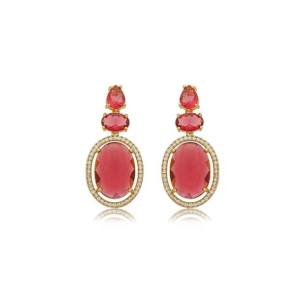 Brinco oval cristal pink ouro semijoia BA 5762