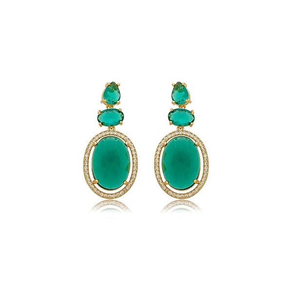 Brinco oval cristal verde ouro semijoia BA 5762
