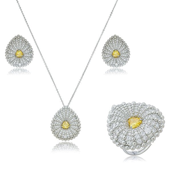 Conjunto colar brinco e anel ajustável gota zircônia amarelo ródio semijoia