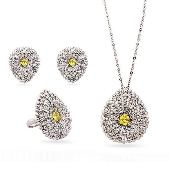 Conjunto colar brinco e anel ajustável gota zircônia amarelo ródio semijoia