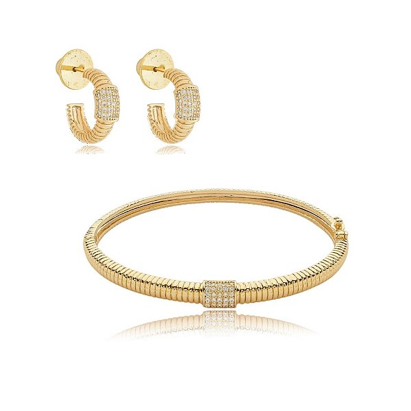 Conjunto de brinco argolinha e bracelete zircônia ouro semijoia 6837905