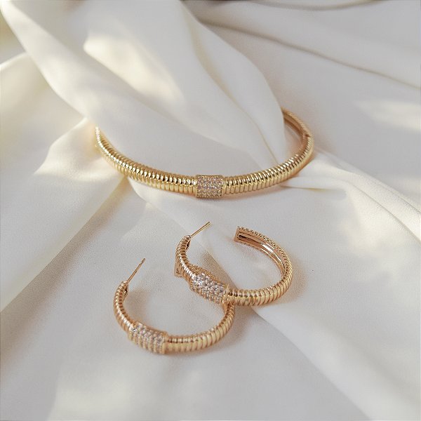 Conjunto de brinco argolinha e bracelete zircônia ouro semijoia 6837905