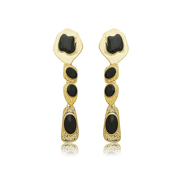 Brinco orgânico longo resina preta ouro semijoia 6553105