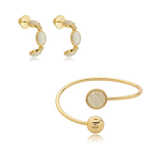 Conjunto brinco e bracelete olho de gato ouro semijoia 6862505