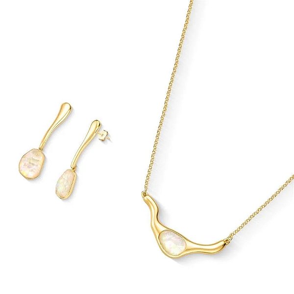 Colar e brinco geométrico pedra natural nautilus ouro semijoia