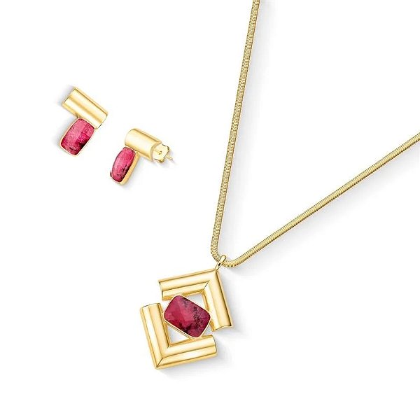 Colar e brinco geométrico pedra natural rodonita ouro semijoia