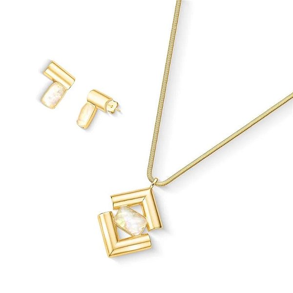 Colar e brinco geométrico pedra natural nautilus ouro semijoia