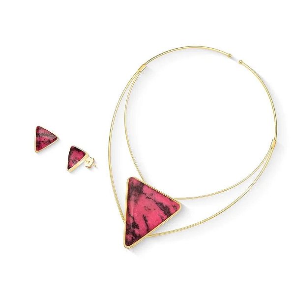 Colar e brinco triangular pedra natural rodonita ouro semijoia
