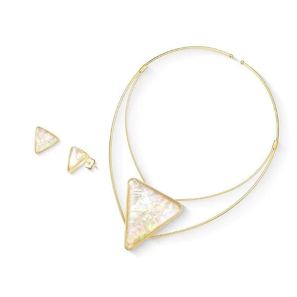 Colar e brinco triangular pedra natural nautilus ouro semijoia