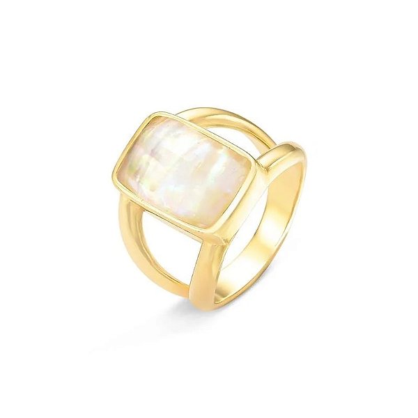 Anel retangular pedra natural nautilus ouro semijoia