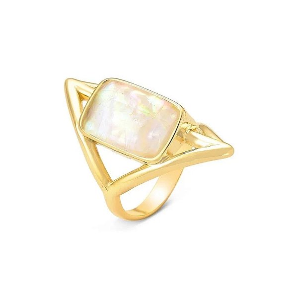 Anel geométrico pedra natural nautilus ouro semijoia