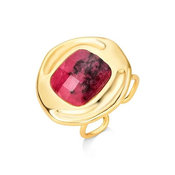 Anel ajustável pedra natural rodonita ouro semijoia