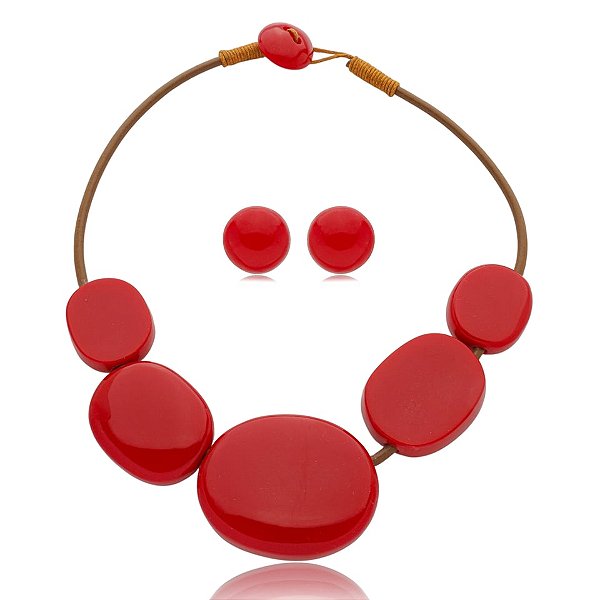 Colar e brinco Márcia Pouso resina vermelho