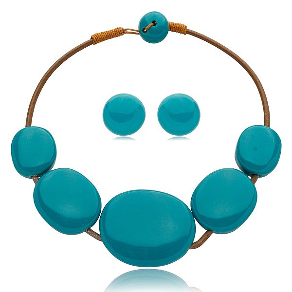 Colar e brinco Márcia Pouso resina azul turquesa