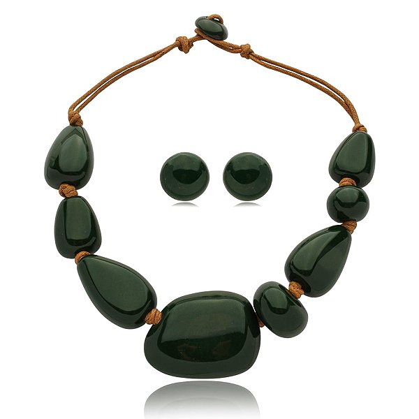 Colar e brinco Márcia Pouso resina verde escuro