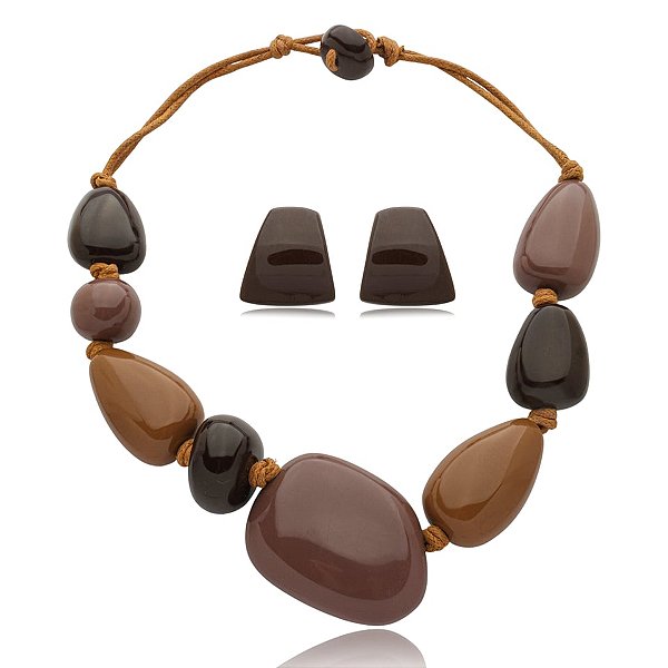 Colar e brinco Márcia Pouso resina tons terrosos