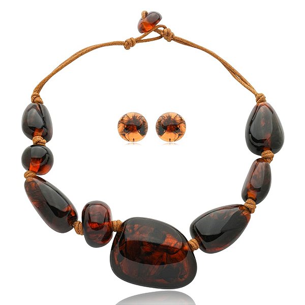 Colar e brinco Márcia Pouso resina marrom tartaruga
