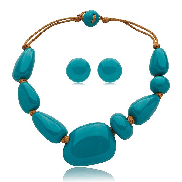 Colar e brinco Márcia Pouso resina turquesa